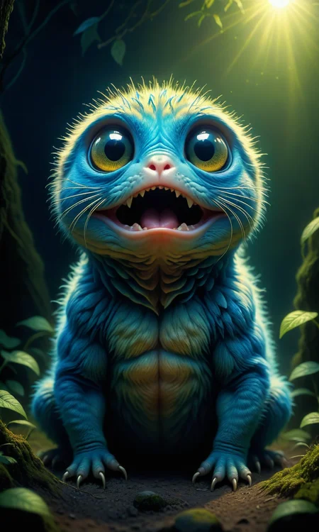 A cute creature with human eyes and mouth, a detailed painting by ZdzisÅaw BeksiÅski, featured on deviantart, fantasy art, zbrush, hyper realism, rendered in cinema 4D, behance hd, vray tracing, 8k resolution. award winning photorealistic render. dramatic lighting by James Gurney, <lora:Fast:0.69>