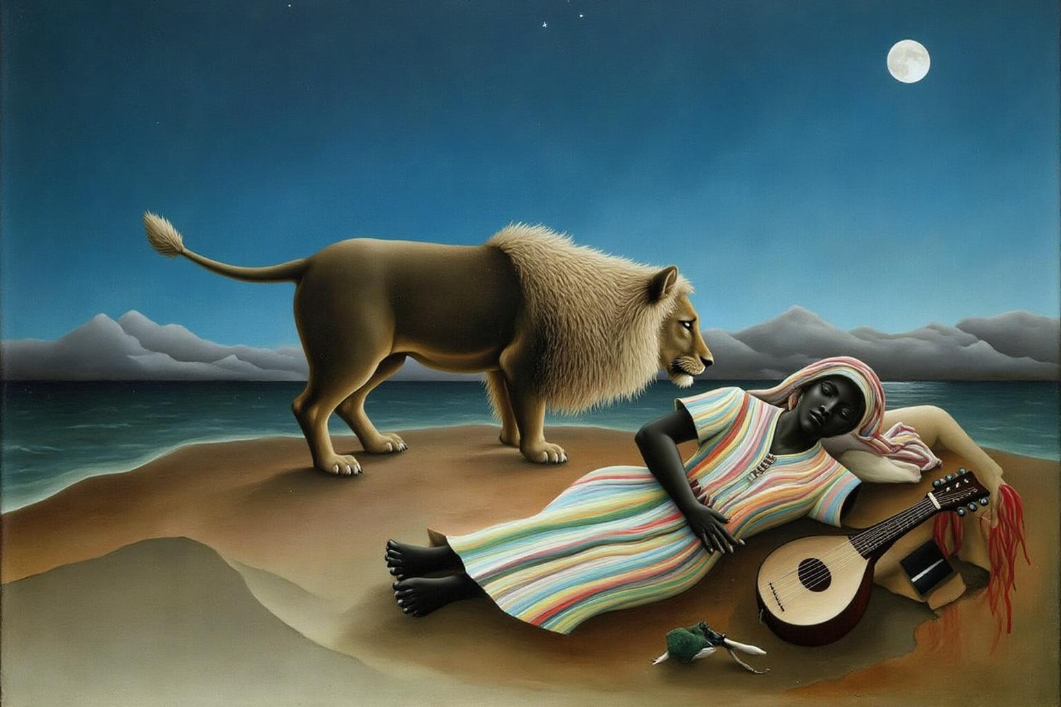 henrirousseau2 painting A serene, dreamlike desert landscape under a vast blue night sky. A lion, show in side profile view, is gently observes a sleeping Gypsy woman, who is dressed in vibrant, flowing garments with intricate patterns. She rests peacefully on the sand, beside a simple stringed instrument. The scene is set against a gradient blue sky transitioning from deep blue at the top to a lighter shade at the bottom, with a full moon in the upper right casting a soft, diffused light. <lora:henrirousseau2_cap_d6a3:1.0><lora:833925251499826866:0>
