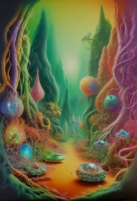 70s airbrush painting of an infinite jeweled alien garden <lora:70s_Sci-Fi_Art_XL:1>
