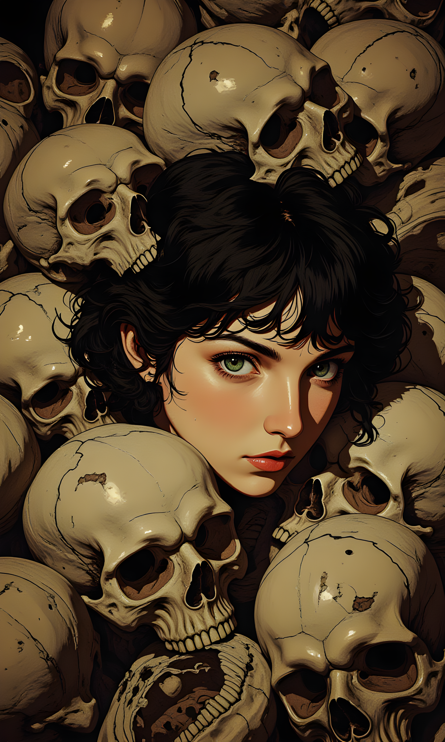 A highly detailed, hyper-realistic digital painting by artist Yulia Brodskaya, known for her photorealistic illustrations. 
The image features a young woman with fair skin and dark, wavy hair partially covering her face. 
She has piercing green eyes that are filled with a mix of fear and determination. 
Her lips are painted a deep red, contrasting starkly with her pale complexion. 
She is surrounded by an abundance of human skulls, which are stacked tightly around her, creating a claustrophobic and eerie atmosphere. 
The skulls vary in size and condition, some with cracked or missing teeth, adding to the macabre feel. 
The background is dark, with the skulls appearing to be illuminated by a dim light source, casting shadows that enhance the realism and depth of the scene. The texture of the skulls is meticulously detailed, with visible cracks, blemishes, and the intricate structure of the facial bones. 
The overall color palette is dominated by earthy tones, with browns, grays, and whites, creating a somber and unsettling mood. The woman's expression and the dense, oppressive skull arrangement suggest a sense of entrapment and tension, making this image both haunting and powerful.
BREAK anime, d13s3lp2nk, bboil artist style, OBdonman, Anime art, <lora:FLUX\Anime Art V3:0.2>, <lora:FLUX\Synesthesia:0.2>, <lora:FLUX\RetroAnimeS1.1:0.5>, <lora:FLUX\Flux-jijia:0.1>, <lora:FLUX\It's a LoRA for portraits, BUT! actually specialized in backgrounds. v1.0:0.1>, <lora:FLUX\GLSHS:0.2>, <lora:FLUX\Dieselpunk Delight - s0_9 g4:0.4>, <lora:FLUX\OBdonman, anime0style portrait:0.1>