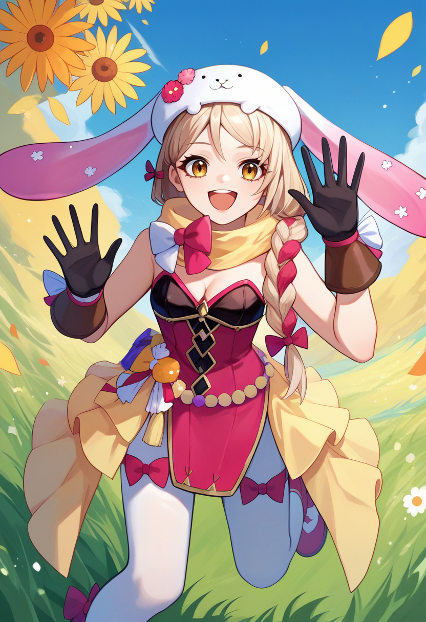 score_9, score_8_up, score_7_up, source_anime, solo, 1girl, frammespring, happy, looking at viewer, upper teeth, waving, blonde hair, single braid, animal hat, rabbit hat, pink dress, strapless dress, black gloves, white pantyhose, yellow scarf, bow, bare shoulders, cleavage, outdoors, blue sky, grass <lora:fireemblem_framme_ponyXL:1>