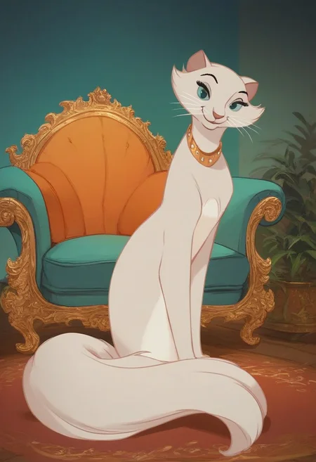 score_9, score_8_up, score_7_up, score_6_up, score_5_up, score_4_up, solo, duchess_cat, collar, tail, whiskers, sitting, looking at viewer, smile, living room