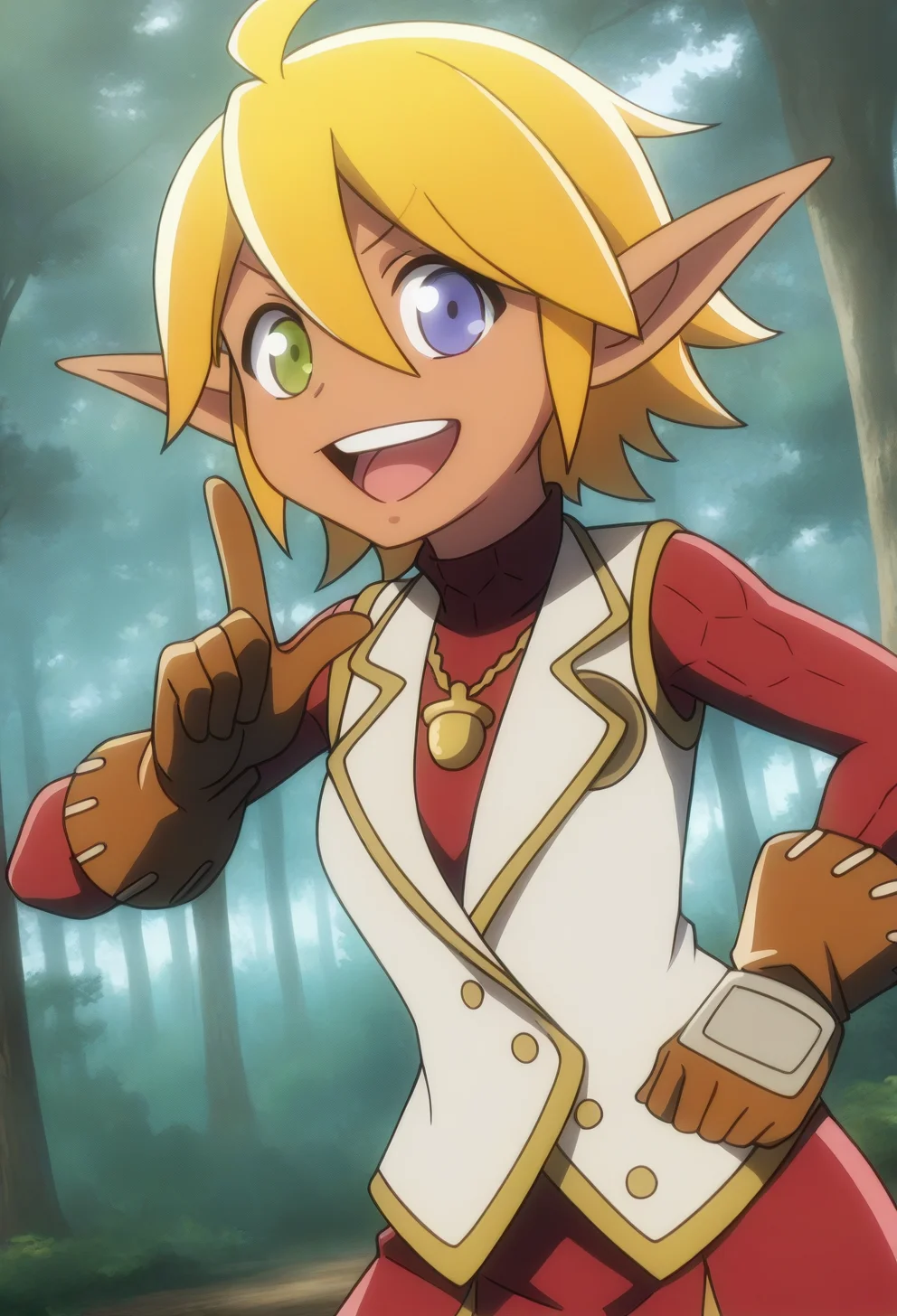 masterpiece,best quality, 1girl,aurabellaf ,blonde,short hair,heterochromia,elf ears,dark skin,wearing a white vest,brown gloves,forest, <lora:aurabellaf-il (6):1> making the peace sign