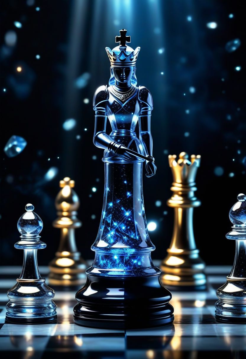 [Masterpiece. Realistic. Transparent Beings. Everything in this universe is made out of sparkling glass crystals. A chess piece made of crystals. hand moving chess piece, asari hand, blue skin, female hand, black nail polish, Water explosions. Transparent or silver body parts.], detailed, romantic, very inspirational, beautiful, elegant, lovely, cute, pretty, modern, epic composition, fabulous atmosphere, cinematic light, dynamic dramatic ambient, Vibrant Colors 
ral-tr33brnch, Arttrttrt, extreme Long Shot, masterpiece, intricate detail, best quality, absurd resolution, Gothic, black stone with golden stripes, elegant, luxury, royal, expensive, 
Stylized chess pieces. Queen chess, Chess game, chess board, luxury and golden design. Photo realistic, cinematic light, concept art.