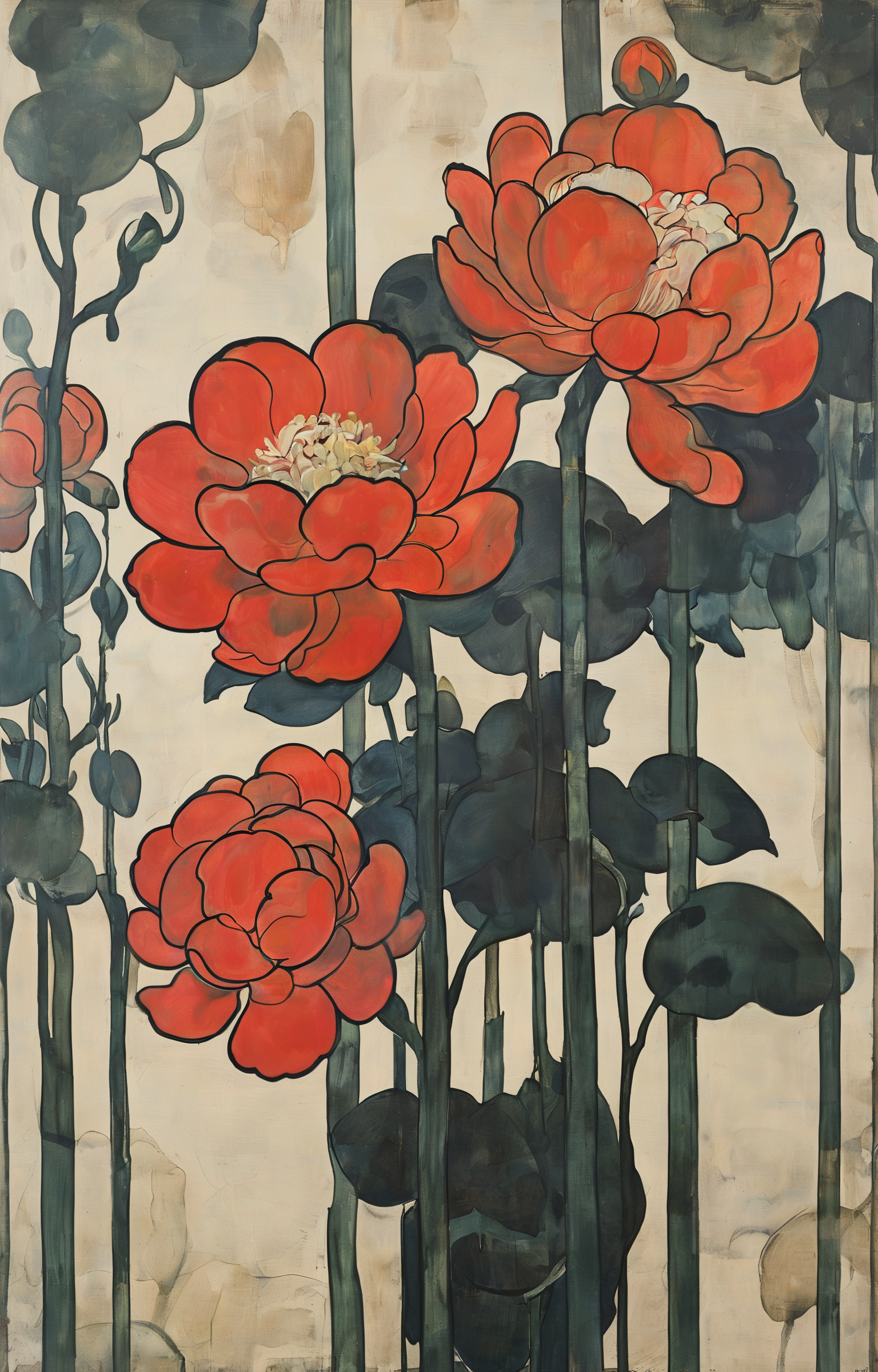 masterpiece,best quality,<lora:tbh269-sdxl:0.9>,illustration,style of Koloman Moser, decaying peonies
