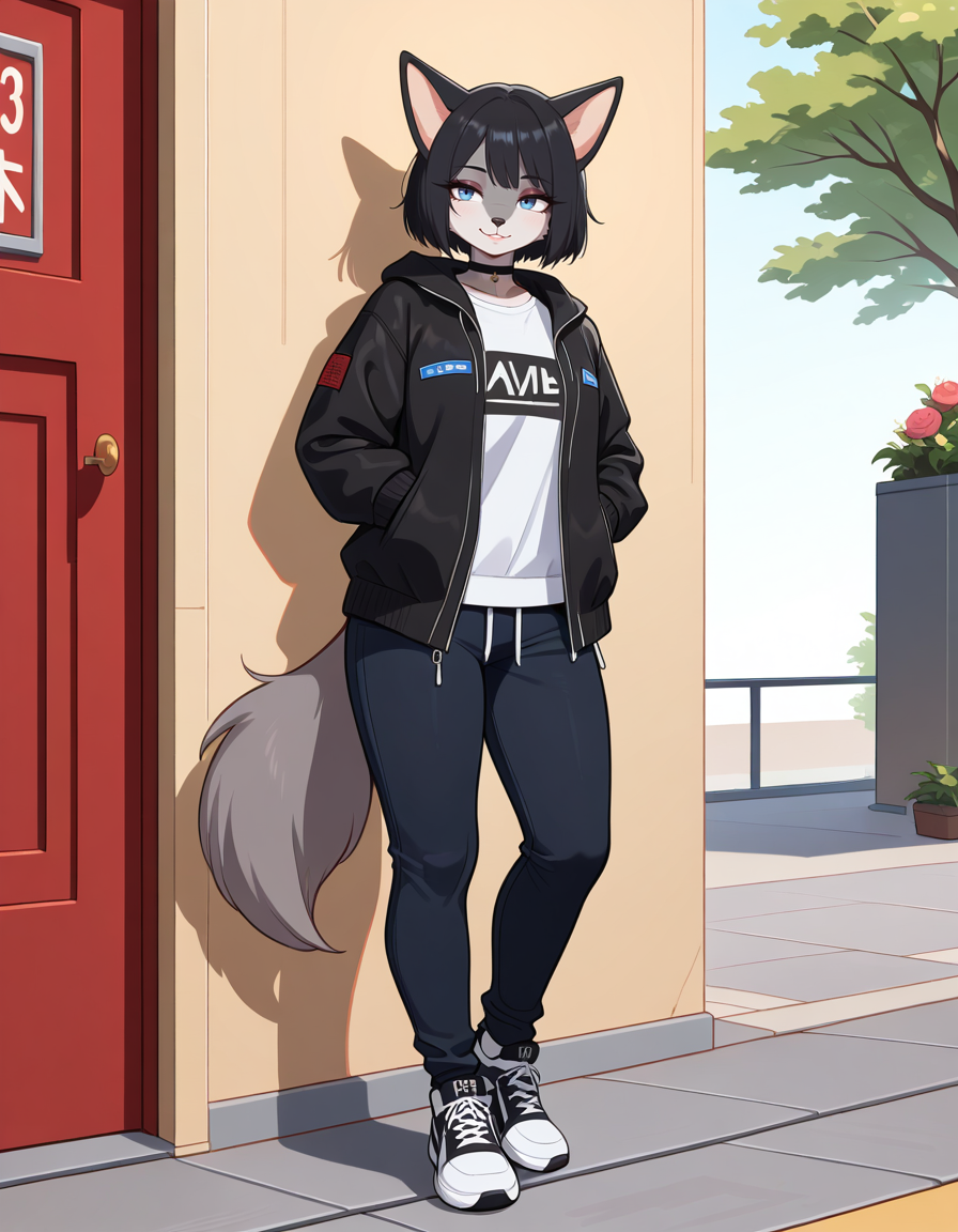 masterpiece, best quality, very aesthetic, absurdres,
outdoors, streetwear, 
full body, standing, posing, 
 seductive smile, parted lips, long eyelashes,
<lora:Iris_v01_NAIXL:1>
1r15,1girl,solo,furry,furry female,animal ears,black hair,short hair,black hair,blue eyes,animl nose,snout,black choker,body fur,grey fur,