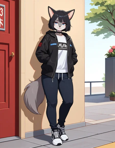 masterpiece, best quality, very aesthetic, absurdres,
outdoors, streetwear,
full body, standing, posing,
seductive smile, parted lips, long eyelashes,
<lora:Iris_v01_NAIXL:1>
1r15,1girl,solo,furry,furry female,animal ears,black hair,short hair,black hair,blue eyes,animl nose,snout,black choker,body fur,grey fur,