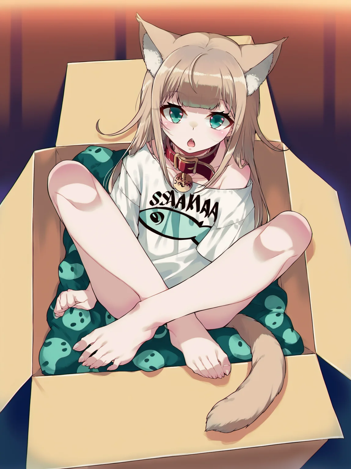 score_8_up, score_7_up, score_6_up, best quality, masterpiece, uncensored, by 40hara, source_anime
BREAK
1girl, solo, cat girl, cat tail, cat ears, solo, text on shirt, collar, open mouth, sitting, blonde hair, feet, topwear, looking at viewer, 5 toes, shirt, teal eyes, barefoot, sitting in a box, inner ear fluff, toes, clothed, green eyes
<lora:40hara_pony_v1:1>