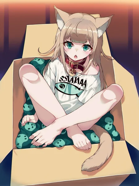 score_8_up, score_7_up, score_6_up, best quality, masterpiece, uncensored, by 40hara, source_anime
BREAK
1girl, solo, cat girl, cat tail, cat ears, solo, text on shirt, collar, open mouth, sitting, blonde hair, feet, topwear, looking at viewer, 5 toes, shirt, teal eyes, barefoot, sitting in a box, inner ear fluff, toes, clothed, green eyes
<lora:40hara_pony_v1:1>