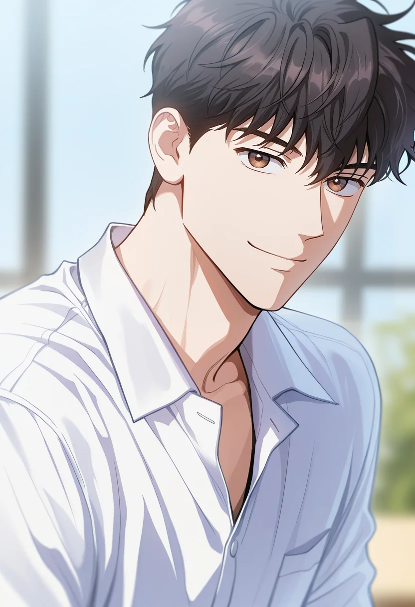 masterpiece, best quality, amazing quality,high resolution, intricate details,official style,depth of field , , , 1boy, solo, male focus, <lora:han_yoohyun:0.71>,han yoohyun,black hair,brown eyes,looking at viewer, smile,closed mouth,white shirt, upper body, collared shirt,from side