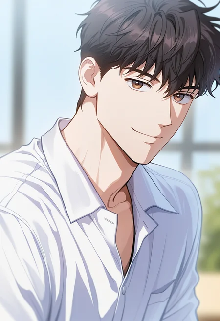 masterpiece, best quality, amazing quality,high resolution, intricate details,official style,depth of field , , , 1boy, solo, male focus, <lora:han_yoohyun:0.71>,han yoohyun,black hair,brown eyes,looking at viewer, smile,closed mouth,white shirt, upper body, collared shirt,from side