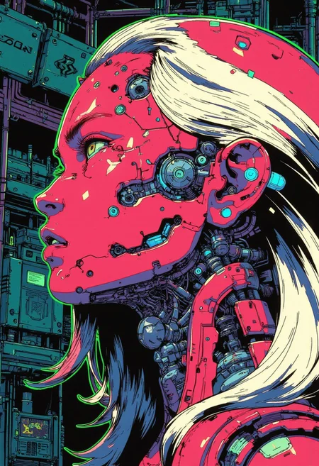 <lora:ck-Goro-Fujita:1>, digital artwork in the style of ckgf, A mesmerizing close-up portrait of an alien woman, her striking features blending extraterrestrial elegance with subtle mechanical elements. Her skin has a smooth, otherworldly texture, adorned with small, organic patterns. Her long, wavy hair cascades around her face, but in the Virtualboy-style palette of red, white, and black. Mechanical elements are seamlessly integrated into her face and neck—sharp, angular pieces emerge like delicate circuitry. The chiaroscuro-inspired lighting brings deep contrast, with bold shadows enhancing her alien beauty. The background features a cyberpunk workshop, and the limited palette emphasize the alien and mechanical features, while a soft green glow outlines parts of her face and hair, creating a futuristic yet nostalgic visual reminiscent of early handheld gaming
<lora:ck-nc-pastel-cyberpunk:0.3>
<lora:ck-MetalGearSolid:0.25>
<lora:RetroAnimeFluxV1:0.25>