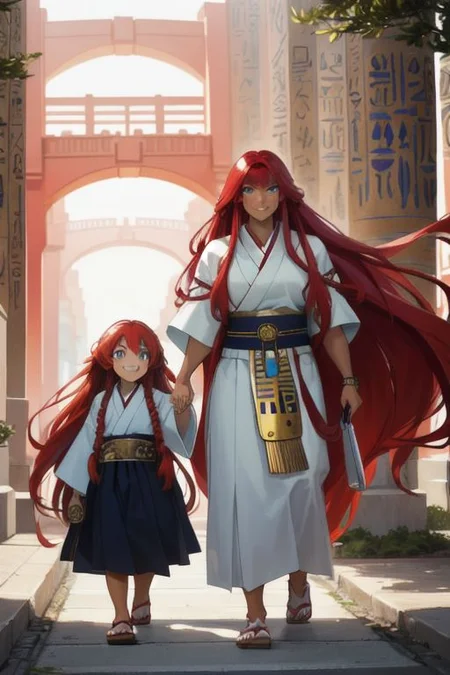 masterpiece, best quality, ultra realistic, 8k uhd, very high quality, extremely detailed face, very muscular Egyptian-Japanese woman walking and holding hands with a very young girl, tall woman and very young girl walking and holding hands, smiling and happy, (extremely dark caramel skin:1.2), bright blue eyes, (absurdly long ruby red hair, super long ruby red hair), muscles, city environment