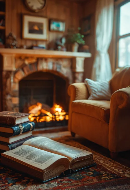 score_9, score_8_up, score_7_up, interior, scene, forniture, book close-up, fireplace, cozy, highly detailed, film grain, <lora:zy_Realism_Enhancer_v1:0.75>
