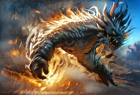 ((solo)),dougi,(fire elemental,Air Elemental,earthshakerpdxl, KassPXL,male, dragon), strong body,roaring, flying, surrounded by fire and smoke, mirages, Kalahari desert, oasis, blurry figures, noon, bright sun, wind