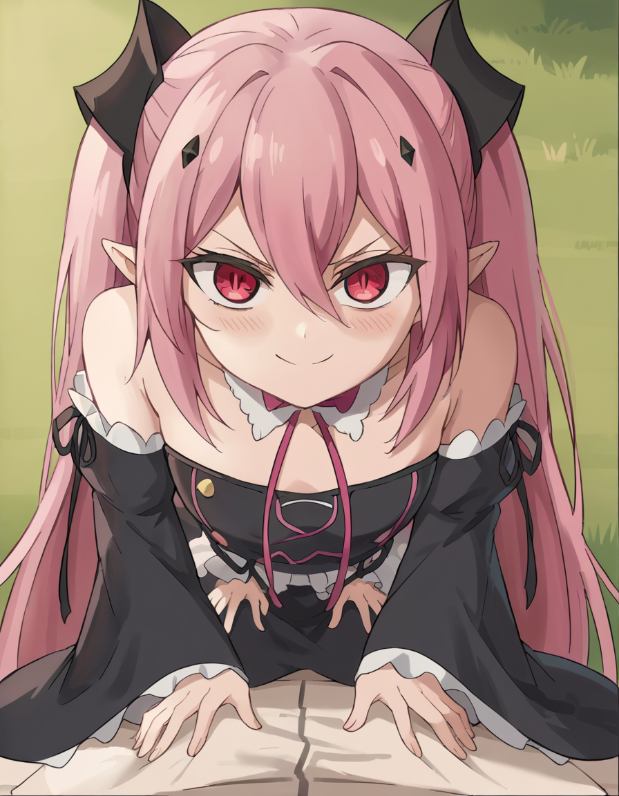 score_9, score_8_up, score_7_up, source_anime, <lora:krul-tepes-s2-ponyxl-lora-nochekaiser:1>, krul tepes, long hair, red eyes, pink hair, pointy ears, hair ornament, anime screencap, dress, bare shoulders, detached sleeves, wide sleeves, detached collar, black dress, bowtie,, park, grass, benches, path, recreation, , <lora:good-morning-my-brother-ponyxl-lora-nochekaiser:1> good morning my brother, good morning my brother! (meme), good morning, pajamas, hands on another's stomach, meme, straddling, leaning forward, pov, girl on top, blush, smile, smug, cowboy shot,, looking at viewer, solo,, dutch angle, cowboy shot