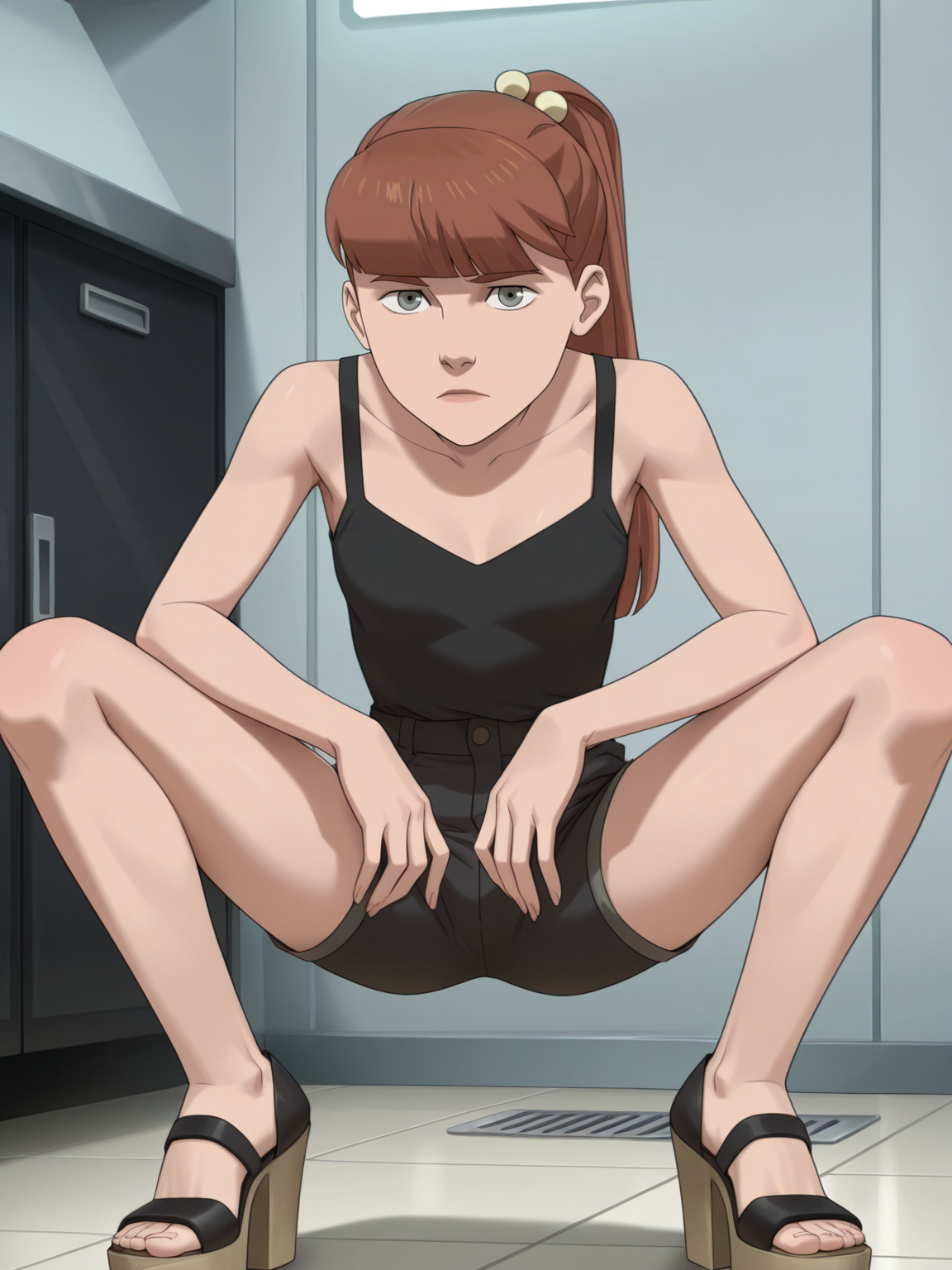 <lora:monster_girlIL:0.9> m_g, 1girl, brown ponytail hair, bangs, hairpin, small body, skinny body, grey eyes,
looking at viewer, squatting, front view, spreading legs, platform high heels