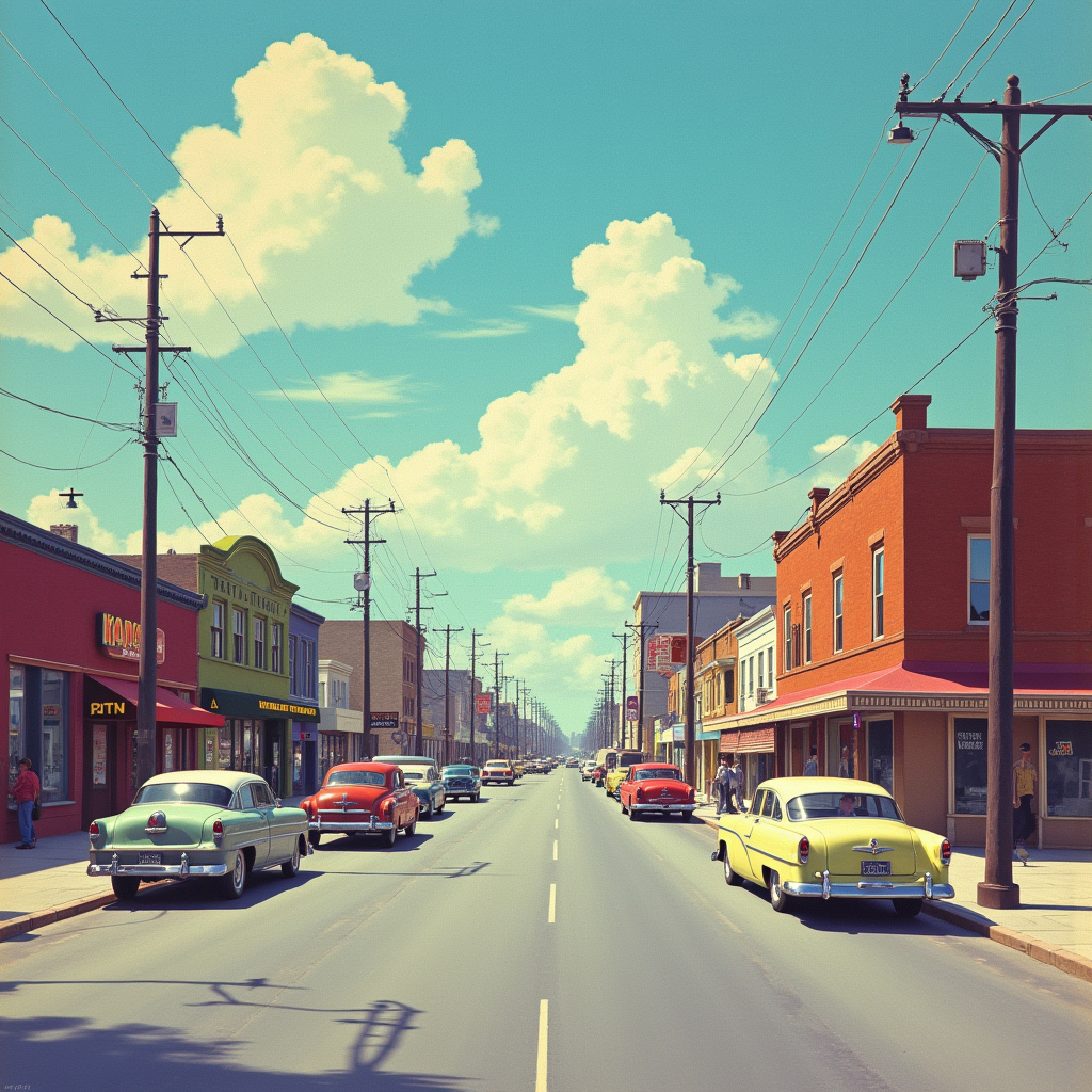 cinematic film still  <lora:Technicolor style v2:1> Technicolor style:1
In the 1950's a painting of a city street with cars and people,outdoors,sky,day,cloud,water,no humans,traditional media,ground vehicle,building,scenery,motor vehicle,reflection,city,sign,car,road,power lines,lamppost,street,utility pole,shop,restaurant,real world location , vivid color, cinematic look, film look, filmic, contrast, detailed, high quality, sharp image, film color, Kodak, Motion Picture, Film style, different color, vivid color, different people, different look, different style, 35MM Film, 16MM Film, Photographic film, artistic style, cinematic style, film granularity, film noise, image noise, artistic effect, Fujicolor, Fuji film, Analog photography, movie style, movie still, Film grain overlay, Film Grain style, Technicolor style . shallow depth of field, vignette, highly detailed, high budget, bokeh, cinemascope, moody, epic, gorgeous, film grain, grainy