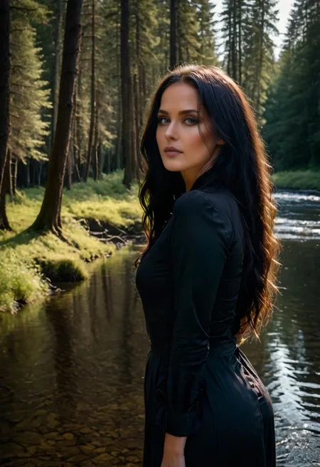 Amalie, woman near river, natural photo, sensual, perfect photo, professional photo, high quality, award art photo, woman with black long hair, forest with purpule trees, perfect face, detailed eyes, perfect eyes, Amalie