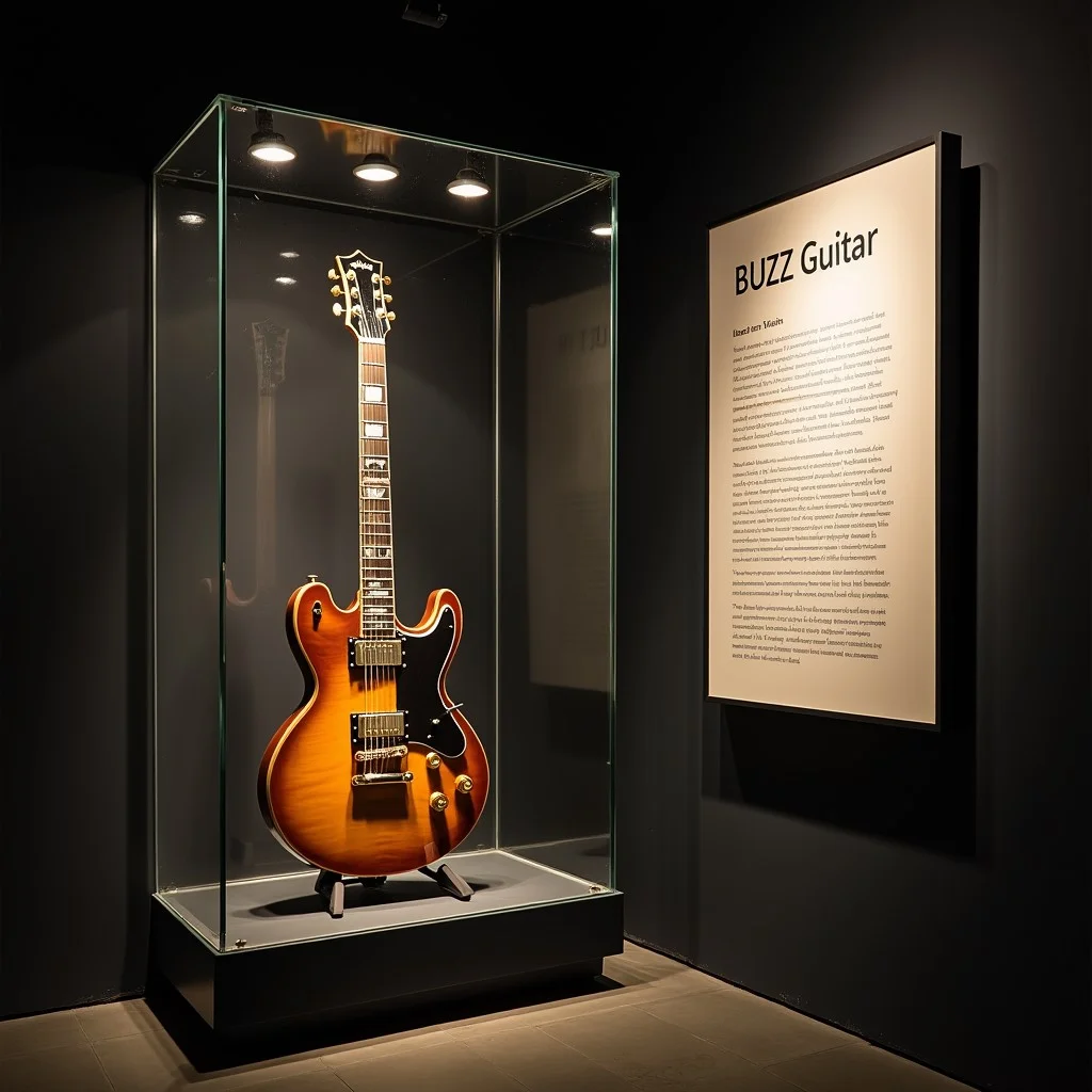 museum exhibit behind glass, rock guitar, spot lighting, next to a sign with the text "BUZZ Guitar"