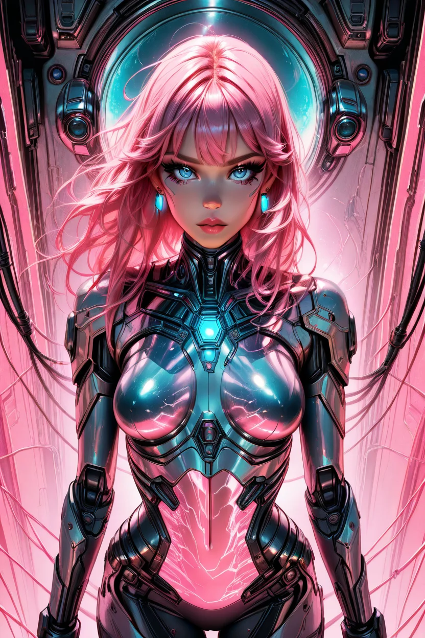 masterpiece, best quality, 1girl, solo, eyelashes, (beautiful eyes), 1girl, solo, long hair, breasts, looking at viewer, blue eyes, jewelry, medium breasts, standing, pink hair, earrings, lips, bodysuit, glowing, skin tight, science fiction, cyberpunk ,<lora:RealisticAnimeIXL_v2:1.0>