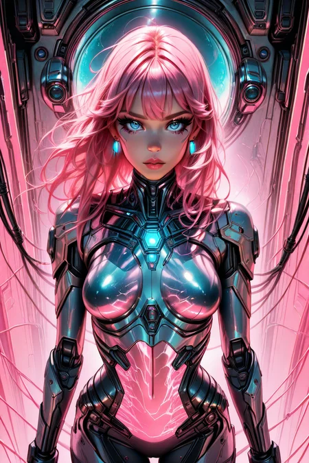 masterpiece, best quality, 1girl, solo, eyelashes, (beautiful eyes), 1girl, solo, long hair, breasts, looking at viewer, blue eyes, jewelry, medium breasts, standing, pink hair, earrings, lips, bodysuit, glowing, skin tight, science fiction, cyberpunk ,<lora:RealisticAnimeIXL_v2:1.0>