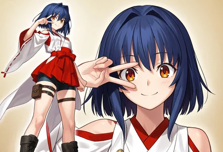 score_8, score_8_up, score_9, femboy, ((Amber Eyes)), very small breasts, dark blue hair, big ass, ((medium hair)), BRAEK ((very much long sidelocks)), ((hair intakes:1.5)), fair skin, very short stature, innocence, adorable, Masterpiece, top quality, very detailed eyes, very detailed hair, solo, ((bike shorts under skirt)), Thigh Pouch strap, nontraditional miko, shoulder cutout, hakama short skirt, Black laced boots, Black ankle boots, smile, happy, one v over eye, looking at viewer, standing, light close-up on the face, el3gymaster,