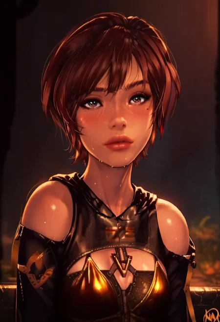 (score_9, score_8_up, score_7_up, score_6_up, score_5_up, score_4_up), source_cartoon, 1girl, beautiful girl, beautiful, adult, pose, closeup, sweat, blush, 1girl, small breasts, ganassa, LILY ARTEMIS II (STELLAR BLADE)