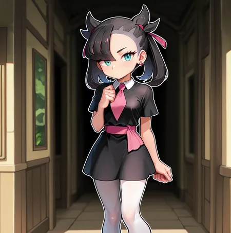 <lora:amyoutfit_illustrious:1>, (masterpiece), (best quality), (ultra-detailed), amazing quality, very aesthetic, illustration, perfect composition, intricate details, absurdres, incredibly absurdres, arsonicxoutift, black dress, short dress, white pantyhose, pink necktie, pink sash, short sleeves, outside, pink boots, 1girl, solo, marnie from pokemon, <lora:AsuraLycoXL:1>, looking at viewer, indoors, sexy pose,