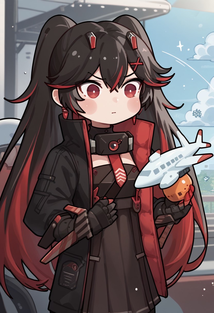 zPDXL3, score_9_up, score_8_up, score_7_up, (Anime_source), 1girl, Plume, red eyes, multicolored hair, red hair, black hair, long hair, twintails, Plume clothes, neck gear, mechanical arm, holding, airplane toy, noises, playing, ((Chibi))