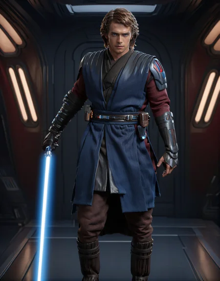 (full body1.5) shot Hyper-realistic portrait of Anakin Skywalker Jedi <lora:Anakin_Skywalker_Jedi:1> holding a blue lightsaber, wearing blue and red CloneWars outfit, intense gaze, furrowed brow, dramatic shadows, worn body armor with intricate details, , (((dynamic action pose))), 8k uhd, dslr, soft lighting, high quality, background of black sci-fi spaceship corridor, intricate details, masterpiece, trending on artstation, realistic, Cinematic, epic, action packed, incredibly detailed and realistic, magnificent, vignette, high budget, bokeh, moody, sharp, highly detailed, concept art, realistic hands, dynamic pose, dynamic shotfantastic location, majestic cluttered environment, 8k unity render, action shot, skin pores, detailed, detailed face, (vibrant, photorealistic, realistic, dramatic, dark, sharp focus, 8k), (weathered damaged old worn leather outfit:1.5), (intricate:1.5), (highly detailed:1.4), octane render, sharp focus, art by artgerm, (loish:0.23) , wlop ilya kuvshinov, and greg rutkowski and alphonse mucha gracias, (global illumination, studio light, volumetric light)
