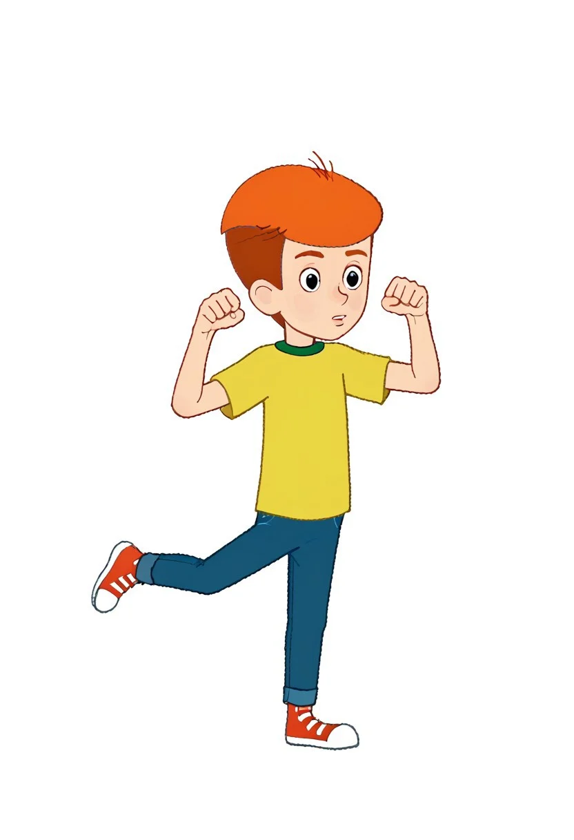 fyodor, 1boy, solo male, yellow shirt, green collar, short hair, orange hair, black eyes, pants, blue pants, t-shirt, rolled jeans, red footwear with white toes, red sneakers, white background, balancing pose