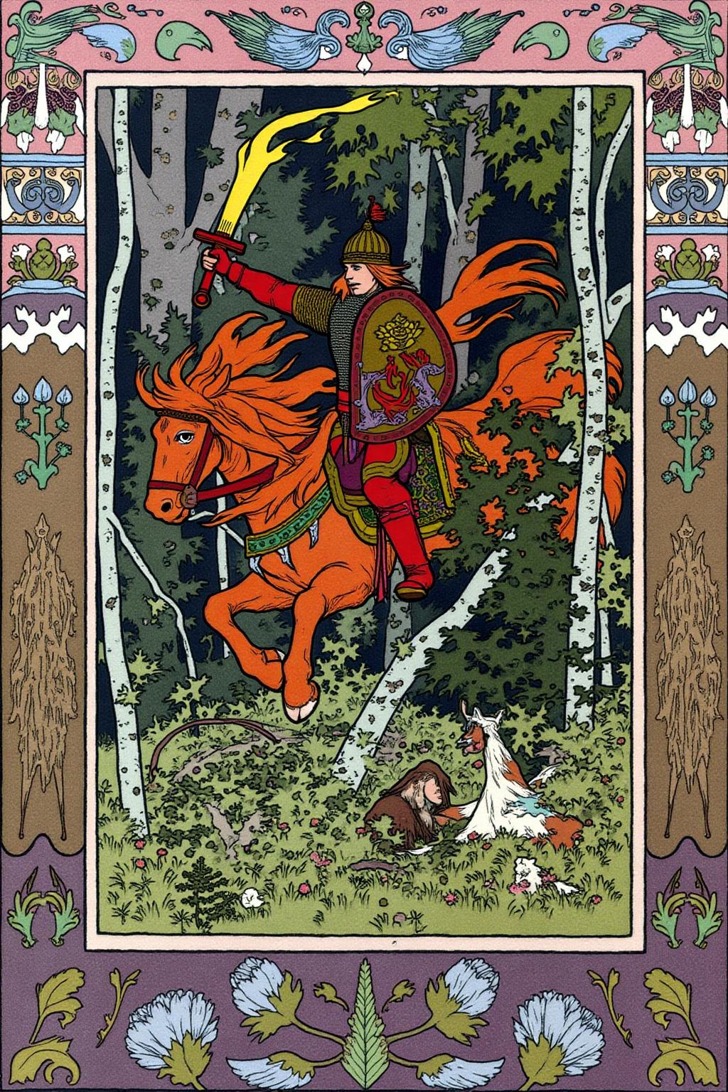 ivanbilibin1 illustration.
A warrior riding a horse through a dense forest. He is carrying a shield and holding a flaming sword. Decorative borders frame the scene. <lora:ivanbilibin2_cap_d6a3e11:1.0><lora:857304370163758201:0>