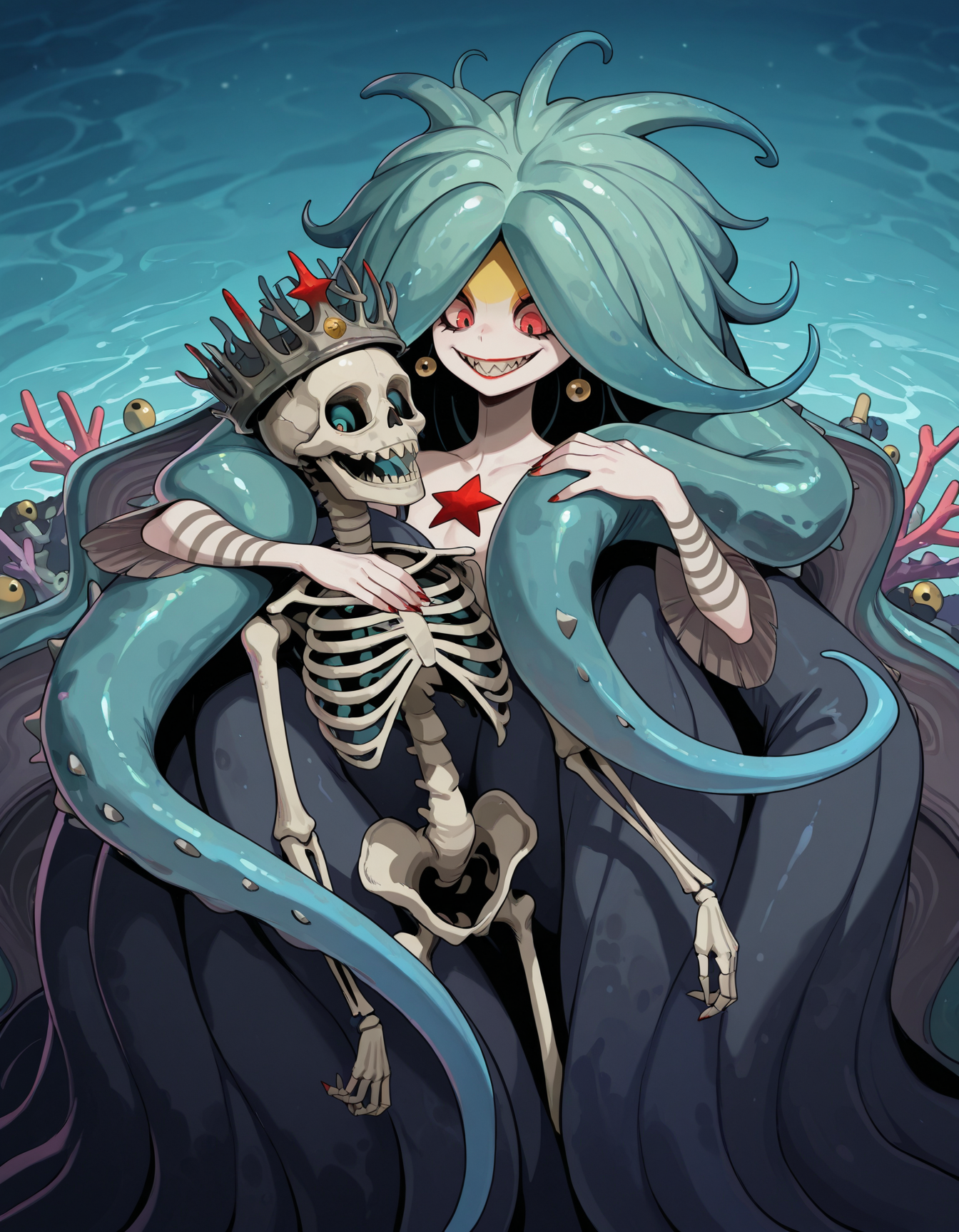 masterpiece, best quality, amazing quality, <lora:scyllaIllustrious:1>, 1girl, 1 skeleton,
scylla, tentacle hair, sharp teeth, (skeleton with a coral crown:1.2),