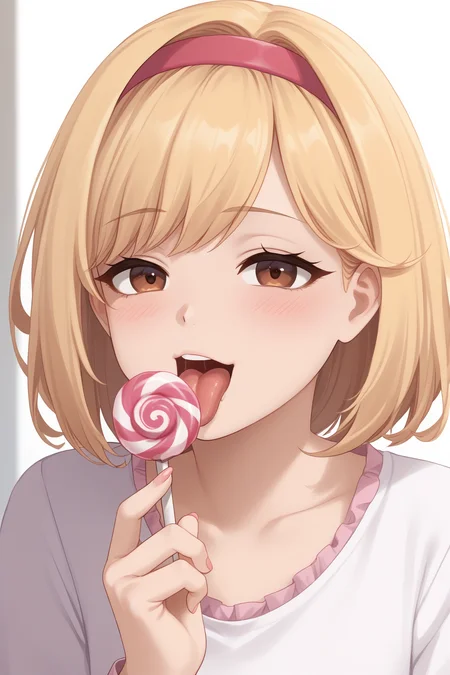 zPDXLpg, 1girl, solo, half-closed eyes, blush, tongue out, eating candy, licking candy, seductive,
<lora:spgbfDjeetaXLPony:1> djeetadef, pink hairband, blonde hair, brown eyes, bangs, eyebrows under bangs,, <lora:hand 4:1> Hand, five fingers,,