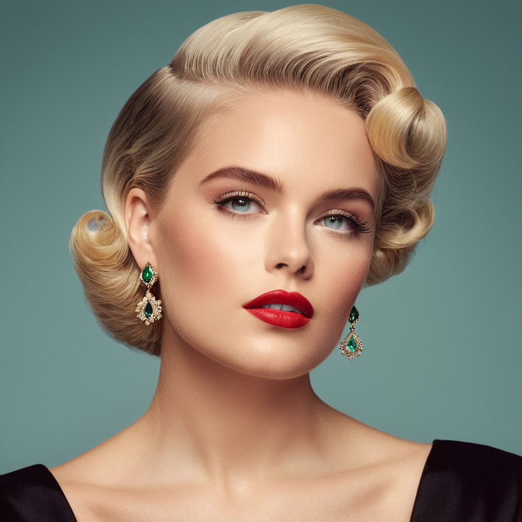 UHD, 4k, ultra detailed, cinematic, a photograph of  <lora:Retro Fashion style:1>
a woman with a pair of earrings on her head retro style,1girl,solo,short hair,blue eyes,blonde hair,simple background,white background,jewelry,green eyes,earrings,lips,eyelashes,portrait,realistic , model, modeling, retro, fashion, vintage, classic, 1950's, 1940's 1960's, different, colorful, different hair style, vivid, film noise, film grain, filmic, perfect, perfection, detailed, contrast, deep color, saturation, fashionista, retro fashion style, epic, beautiful lighting, inpsiring