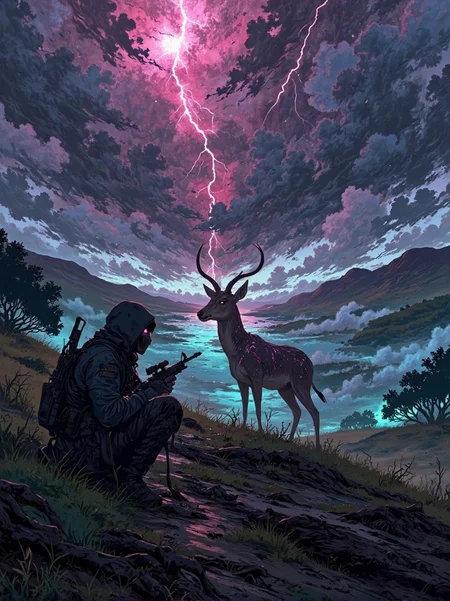 <lora:flux.1_lora_flyway_Hyper-Illustration_v1.0.safetensors:1> Illustration style
In this haunting digital artwork, composed of swirling nebulae dominating the scene. amidst a maelstrom of pink lightning and teal clouds. The color palette is jarring and unsettling, as if cosmic forces are colliding in a catastrophic event.
A figure crouches in the twilight, beside an antelope whose sleek, armor-like form is infused with dark, mechanical textures. The antelope's body, once reflecting the warm hues of a serene sunset, now glows with an eerie, malevolent light, as if infused with some ancient, corrosive energy. The sky above, once a canvas of orange and pink, is now a deep, foreboding crimson, as if the heavens themselves are bleeding. Dark clouds loom on the horizon, casting long, ominous shadows across the landscape.
The hunter, now a shadowy figure dressed in tattered, dark tactical gear, his face obscured by a hood, holds a rifle that seems to hum with a dark, otherworldly power. His eyes, glowing with an unsettling intensity, scan the surroundings with a predatory gaze. The hills that once provided a soft, illuminated backdrop are now shrouded in a thick, oppressive fog, their once gentle contours hidden by an impenetrable grayness. Flickering lights and dark stains mar the landscape, as if the very earth is rotting from within.
In the distance, dark vines and twisted roots crawl across the ground, their tendrils reaching out like grasping hands. The air is heavy with the scent of decay, and a whisper of ancient, malevolent magic seems to permeate every breath. The atmosphere, once a blend of serene beauty and tension, now radiates a palpable sense of foreboding and dread, as if the scene is on the brink of some catastrophic transformation.