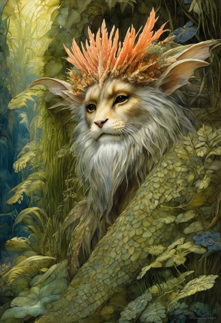 (Designed by Brian Froud), (Designed by Louis Majorelle), oil painting, chiaroscuro, comic style, sci fi,
A snoozing fluffy hybrid creature, skin made of layered scales and coral, fronds, large round eyes, bioluminescence, ethereal, Zoraï, Sylvari,
on (cold pressed 300g/m² cotton paper), dynamic, highly detailed, artstation, concept art, smooth, sharp focus, illustration, art by John William Waterhouse and H.R. Giger, detailed coral reef background, 60-30-10 color rule,
warm tones, rays of sunlight