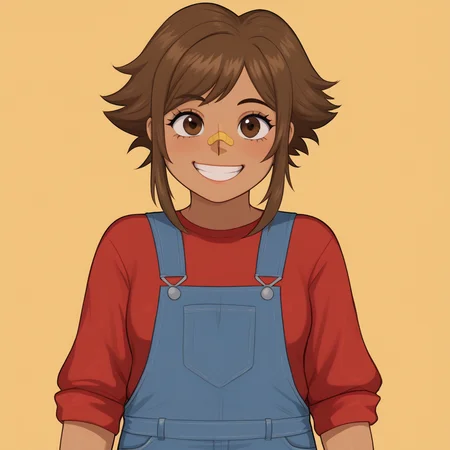 <lora:Catherine_Portillo_-_Until_Then:1>Cathy,1girl,brown hair,brown eyes,bandaid on nose,smiling, <lora:AfrobullLycoXL:0.8>red shirt,denim overalls,Fair brown skin