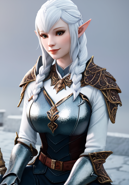 a woman, sfw, <lora:Snow_Elves-Female:0.8>, Snow_Elves-Female, 1girl, solo, armor, sitting, smile, portrait,, porcelain skin, diamond body, smooth, clear skin, (masterpiece, best quality, absurdres, detailed, ultra-detailed:1.3), gorgeous, (trending on CGSociety, trending on pixiv, contest winner:1.3)