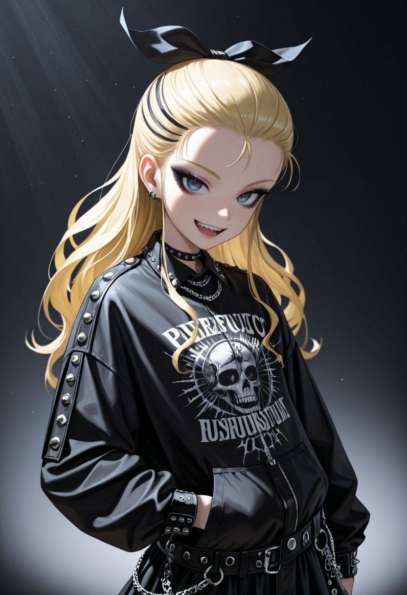 masterpiece,best quality,absurdres,highres,very aesthetic,high quality,detailed,insanely detailed,beautiful,perfect lighting, looking at viewer, (punk outfit,)), smile, hand on pocket, goth eyeliner, open mouth, full teeth 
 <lora:Assam illu:1> 1girl, hair pulled back, blonde hair, long hair, blue eyes, hair ribbon, black ribbon,
