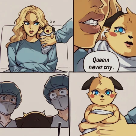 score_9_up, score_8_up, score_7_up,
pikaoc, yellow fur, blue eyes, blue paws, black tail tip, black ears, mikus-concept, crying, seriousness, lying, 2people, BREAK, child, Text "Queen never cry", surprise, close-up, BREAK, 2people, shock, doctors, BREAK, child, seriousness, looking at viewer, BREAK, comic