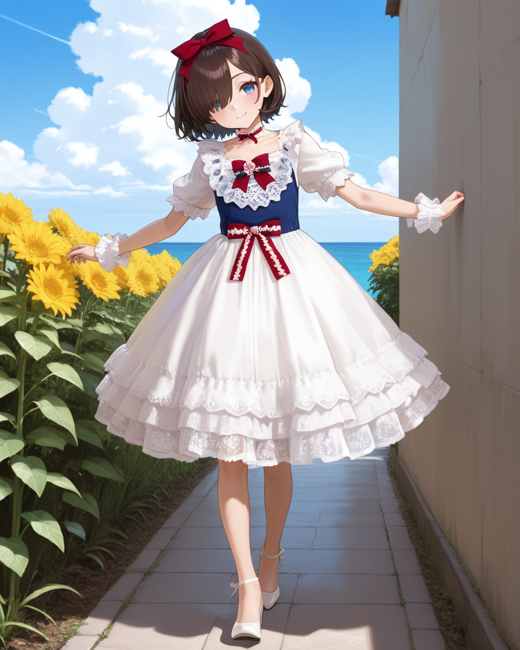 Positive: Masterpiece, best quality, amazing quality, very aesthetic, high resolution, ultra-detailed, absurdres,
1girl, solo, 
brown hair,short hair,blue eyes,
hair over one eye,
blue top white skirt red accented lace bow dress,
blue vest,white dress,red bow,puffy short sleeves,frilled dress,lace trim,apron,wrist cuffs,choker,lace,frills,
hair bow,
white pumps with bow,
full_body,walking, arms extended horizontally at shoulder height with relaxed palms, slight upward head tilt gazing diagonally,
outdoors, blue_sky,white cloud,flowers sea，