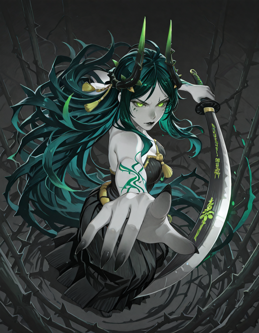 (masterpiece, best quality, ultra-detailed, absurdres, newest, detailed textures, correct anatomy:1), very aesthetic, <lora:Cecia_AFK:0.7>, pale skin, colored skin, green eyes, long hair, green hair, hair ornament, vines, thorns, black lipstick, sharp fingernails, medium breasts, horns , <lora:Avarice_1.1:0.7>. 1girl, Japanese Ink Drawing, <lora:gatotsu-stance-illustriousxl-lora-nochekaiser:1>, gatotsu stance, weapon, sword, katana, holding weapon, holding, holding sword, foreshortening, glowing eyes, eye trail, aura, fingernails, perfect female's hand, five fingers on each hand, detailed hands, detailed fingers, (spot_color, selective_color_style, monochrome:1.3), dynamic angle, ink drawing, inkwash, Japanese Ink Drawing