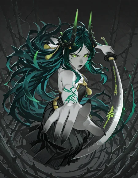 (masterpiece, best quality, ultra-detailed, absurdres, newest, detailed textures, correct anatomy:1), very aesthetic, <lora:Cecia_AFK:0.7>, pale skin, colored skin, green eyes, long hair, green hair, hair ornament, vines, thorns, black lipstick, sharp fingernails, medium breasts, horns , <lora:Avarice_1.1:0.7>. 1girl, Japanese Ink Drawing, <lora:gatotsu-stance-illustriousxl-lora-nochekaiser:1>, gatotsu stance, weapon, sword, katana, holding weapon, holding, holding sword, foreshortening, glowing eyes, eye trail, aura, fingernails, perfect female's hand, five fingers on each hand, detailed hands, detailed fingers, (spot_color, selective_color_style, monochrome:1.3), dynamic angle, ink drawing, inkwash, Japanese Ink Drawing