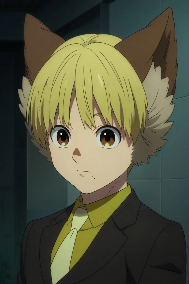 score_9, score_8_up, score_7_up, , rating_safe, , (photorealistic:0.6), , , 1boy, solo, male focus, <lora:nobimaru_kemono_jihen_pony:0.94>, nobimaru_kemono_jihen, blonde hair, brown eyes, short hair, mole under mouth, animal ears, formal, suit, yellow necktie, , , <lora:sdxl_lightning_8step_lora:1>