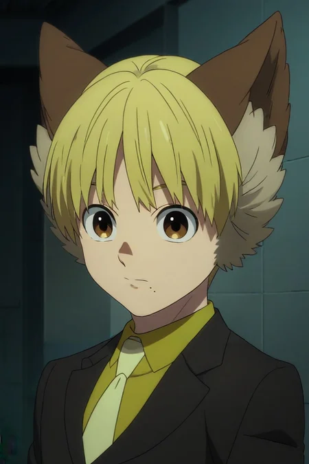 score_9, score_8_up, score_7_up, , rating_safe, , (photorealistic:0.6), , , 1boy, solo, male focus, <lora:nobimaru_kemono_jihen_pony:0.94>, nobimaru_kemono_jihen, blonde hair, brown eyes, short hair, mole under mouth, animal ears, formal, suit, yellow necktie, , , <lora:sdxl_lightning_8step_lora:1>