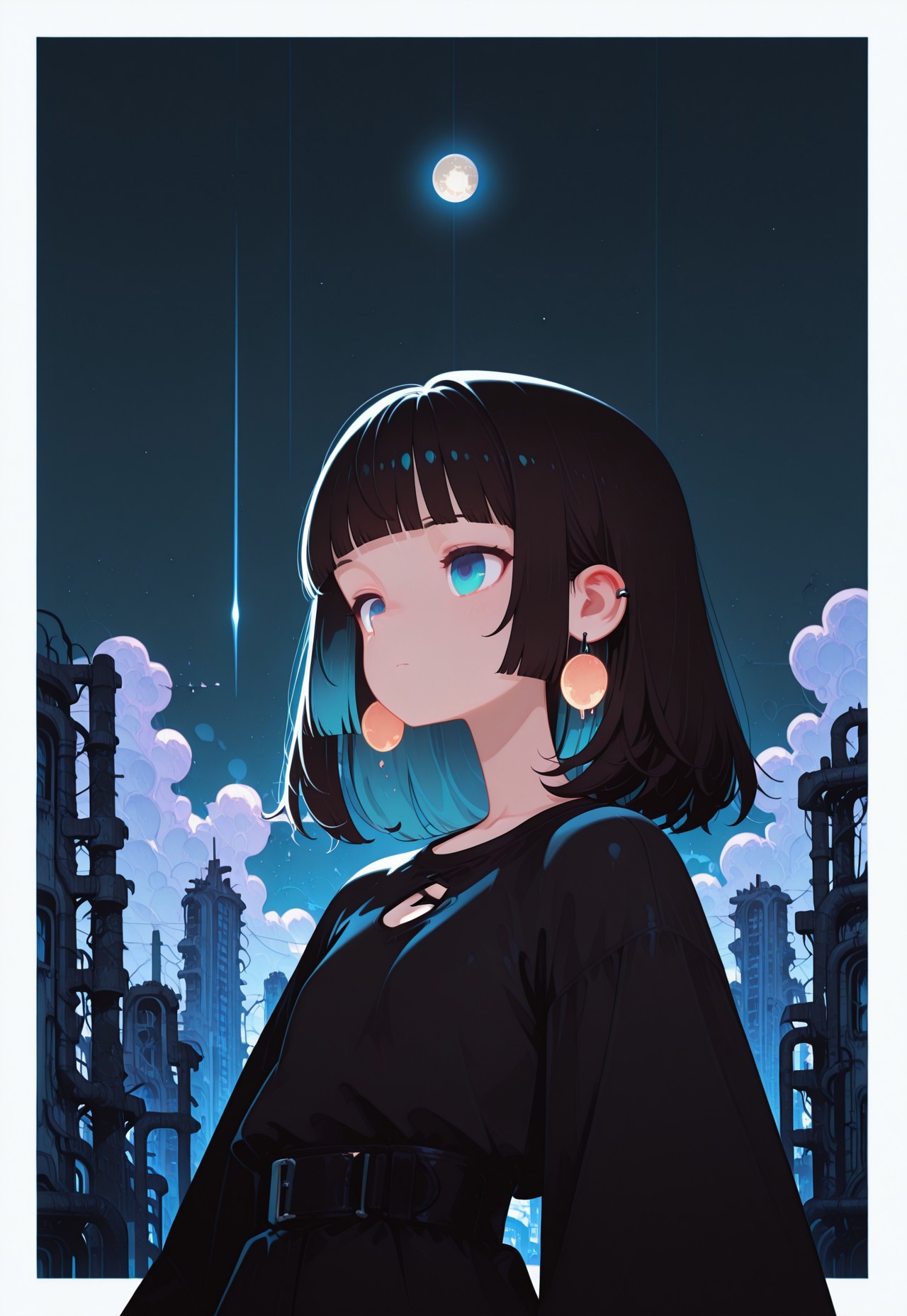 masterpiece, best quality,
((cinematic lighting, dynamic lighting)) ,
((close up shot)),
midnight, shadowy,

1girl,

(from above),

medium hair , blunt bangs ,

ultra detailed eyes, (flat chest), [[[abs]]],

sister outfit, ear pierces,

BREAK
simple gradient turquoise background with thick white border,
abandoned asian city background, symmetric clouds, moon in sky,
fl4t, 