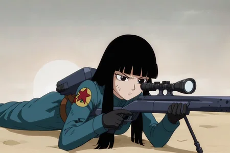 source_anime, score_9,score_8_up, score_7_up, <lora:mai_pony_v1:0.8>, anime screencap,
solo, 1girl,
mai, long hair, black hair, black eyes, serious, on stomach, military uniform, black gloves, sniper rifle, desert, sand, sun