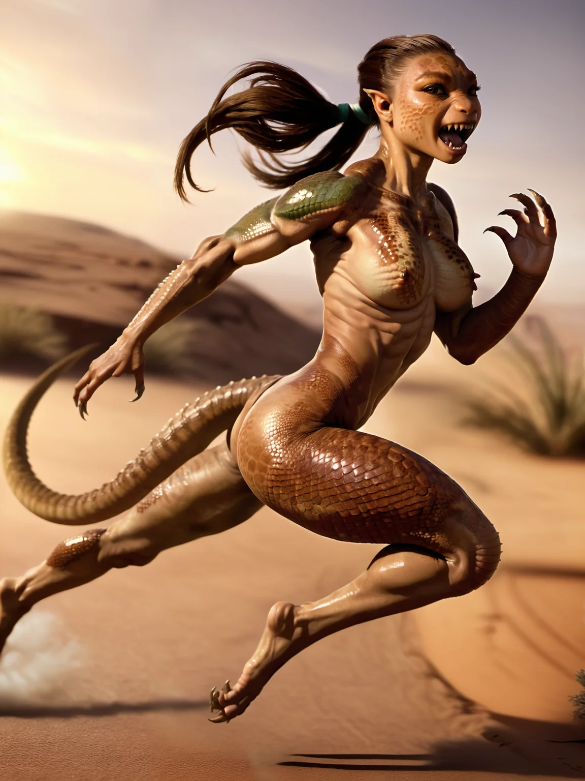 <lora:reptile-v1.1_adam-cosine-8x4-4x1-000004:1>
a r3pt1l3 lizard woman with brown scales for skin and a ponytail running in a desert, detailed background, masterpiece, best quality, high quality, highres, absurdres, award-winning, professional, highly detailed